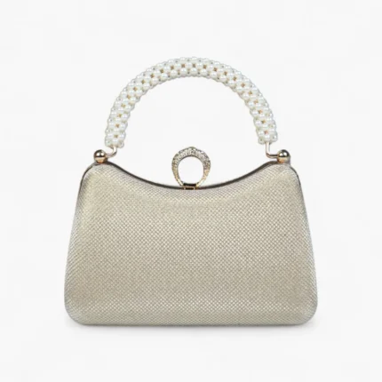 Gold and silver shiny Royal Opal Mini Clutch with pearls on hanldle for party, events and weddings.