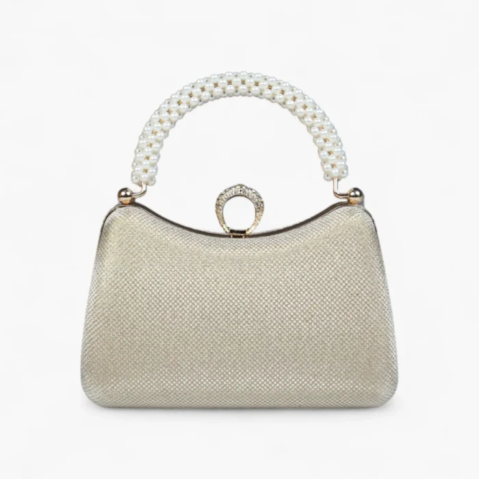 Gold and silver shiny Royal Opal Mini Clutch with pearls on hanldle for party, events and weddings.
