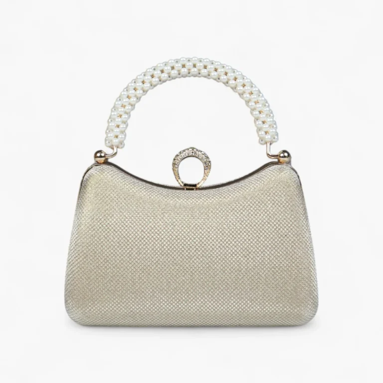 Gold and silver shiny Royal Opal Mini Clutch with pearls on hanldle for party, events and weddings.