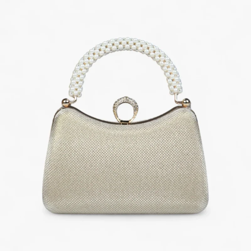 Gold and silver shiny Royal Opal Mini Clutch with pearls on hanldle for party, events and weddings.